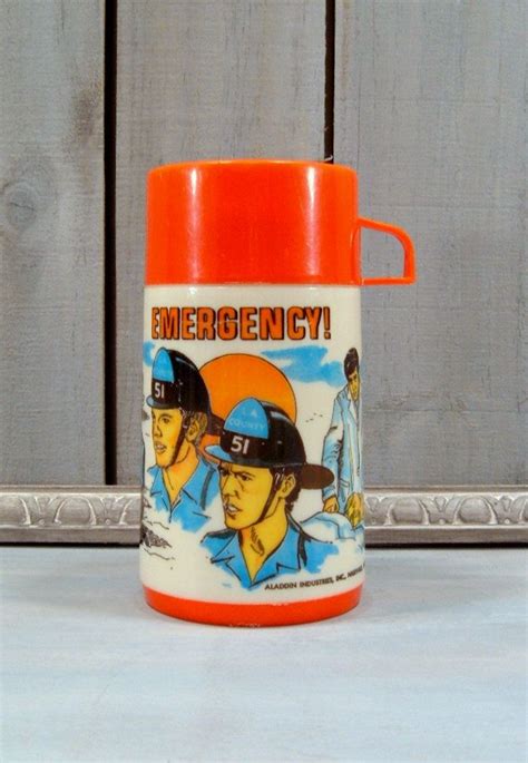 vintage collectible metal lunch box emergency with thermos & lid|old school plastic lunch box.